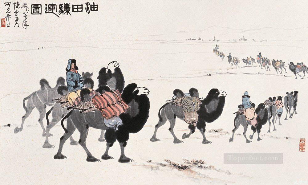 砂漠のアンティーク中国のウー・ズオレン・ラクダ油絵